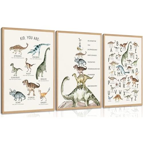 3Pcs Kids Dinosaur Species Wall Art Dinosaur Alphabet Canvas Painting Boys Room Wall Decor Tyrannosaurus Encyclopedia Educational Posters Prints Teen Cool Pictures for Home Classroom Nursery Unframed