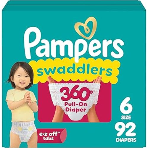 Pampers Diapers - Swaddlers 360° - Size 6, 92 Count, up to 100% Leakproof Comfy Dry Fit, Designed for Easy Changes, Pull On Baby Diaper (Packaging May Vary)