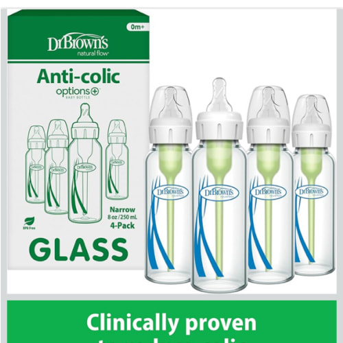 Dr. Brown's Natural Flow Anti-Colic Options+ Narrow Glass Baby Bottle 8 oz/250 mL, with Level 1 Slow Flow Nipple, 4 Pack, 0m+