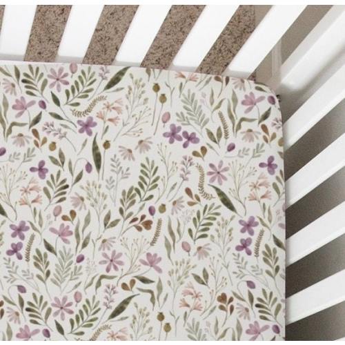 Sábana de cuna con flores silvestres, funda para cambiador, sábana para minicuna, sábana para moisés, lavanda, morado, ropa de cama para bebé, ramas,