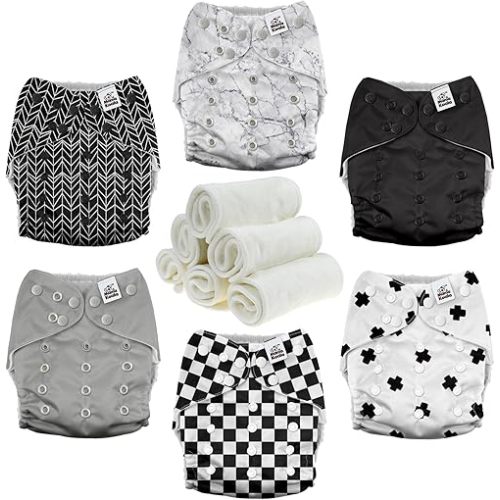 Mama Koala 3.0 Pocket Cloth Diapers for Babies with AWJ Lining, 6 Pack with 6 4-Layer Natural Cloth Diaper Inserts - Reusable and Washable Pocket Diapers (Black and White)