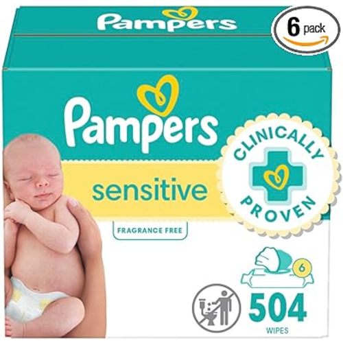 Pampers Baby Wipes Sensitive, Water Based Hypoallergenic and Unscented 504 Total (6 Flip-Top Packs)
