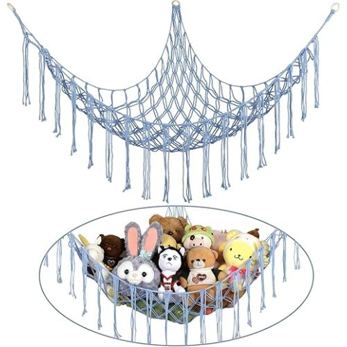 Stuffed Animal Hammock Corner, Hand-knitted Large Plushie Net Toy Hammock with Wooden Rings | Boho Cute Stuff Animal Storage for Nursery & Bedroom | Mesh Kids Toy Organizer Holder Nursery Room Decor