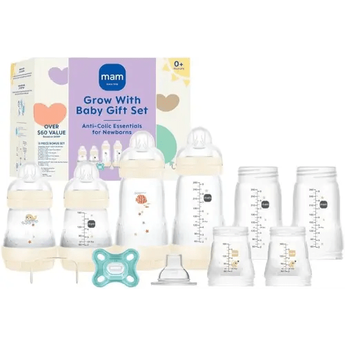 MAM Grow with Baby 15-Piece Gift Set, Newborn 0-4 Months, Anti-Colic Bottles and Silicone Nipples SkinSoft, Essential Baby Items, Unisex