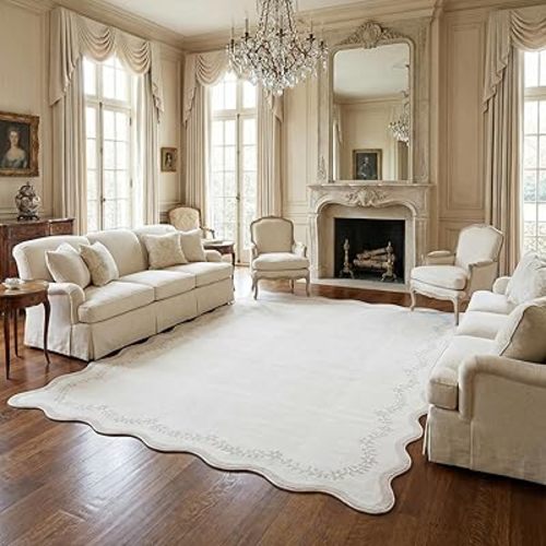 GarveeHome 5x7 Scalloped Area Rug Beige Neutral Washable Rugs for Living Room Bedroom, Soft Low Pile Non Slip Accent Floor Mat Solid Floral Print Throw Rug Farmhouse Indoor Carpet for Dorm Playroom