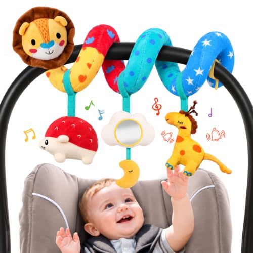 URMYWO Spiral Car Seat Toys for Babies 0-6 Months, Newborn Stroller Toy | 3 Month Baby Toys with lion head and 2 straps; wraps more fully around car seats and strollers to help reduce bunching.