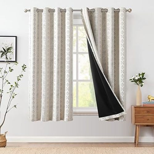 jinchan 95% Blackout Boho Curtains 72 Inch Length for Bedroom Living Room Black on Beige Geometric Printed Grommet Top Room Darkening Thermal Insulated Window Drapes 2 Panels