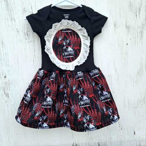 Nightmare Onsie cameo baby or toddler tshirt dress ,horror movie, cult classic, retro, shower gift, on Elm Street custom made in 2-3 weeks