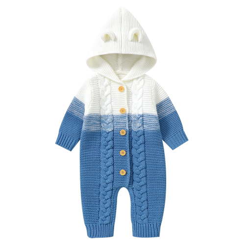 FYMNSI Newborn Baby Girl Boy Hooded Romper Infant Button Down Knitted Jumpsuit Fall Winter Clothes 0-3 Months Blue