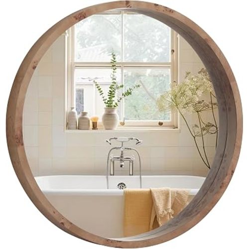 WallBeyond 24 Inch Round Wood Mirror, Burlwood Grain Wood Frame Circle Mirror, Versatile Wall Decor for Bathroom Vanity, Living Room, Bedroom and Entryway, Natural