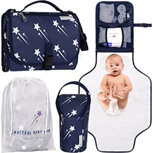 Nasteri Baby Gear Extra Large Portable Baby Changing Pad with Memory Foam Pillow & Insulated Bottle Bag - Waterproof Portable Changing Station for Girls & Boys - Navy