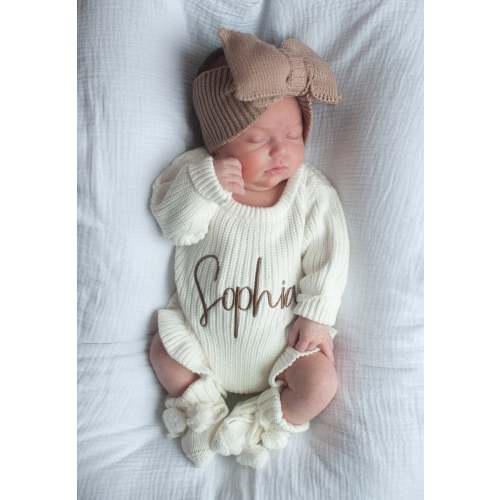 Personalized Baby Romper - Ribbed Ruffle Leg, Warm White | Organic Cotton – Sweet June