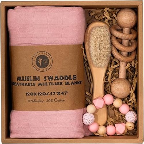 Newborn Baby Gift Box with Bamboo Muslin Swaddle Blanket, Wood Rattle Toy and Wool Brush, Welcome Box for Baby Shower (Pink)