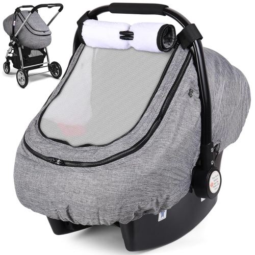 Rquite Car Seat Cover Baby, Carseat Covers Boy Girl, 2 Layers Window -Breathable Mesh & Wind/Sun Shade, Infant Car Seat Canopy Baby Carrier/Stroller Cover, Fit Spring, Fall, Winter, Cold Weather