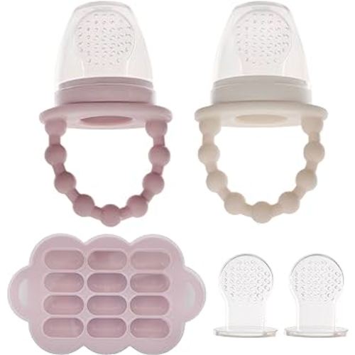 WeeSprout Silicone Baby Food Feeders + Freezer Tray for Batch Prep, Set of 2, Introduce New Foods Safely, Double as Teething Toys, Includes 2 Extra Pouches & Travel Lids, Dishwasher Safe