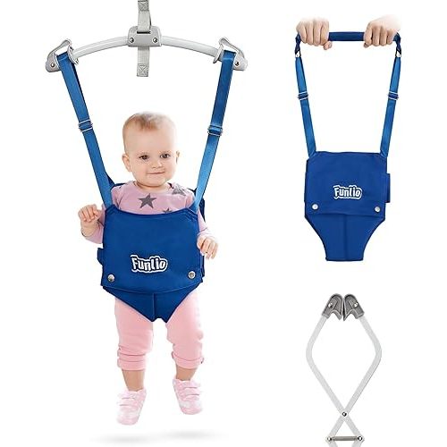 FUNLIO 2 in 1 Baby Door Jumper with Door Clamp, Baby Walking Harness for 6-24 Months, Infant Jumper Doorway with Strong Spring & Adjustable Strap, Easy to Assemble & Store - Blue