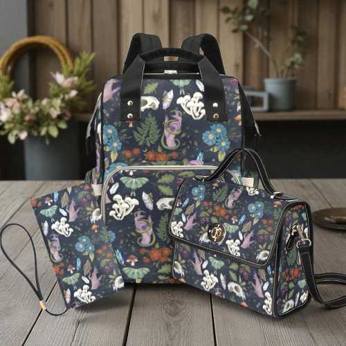 Enchanted forest skull backpack, cottagecore witchy diaper bag, mystical floral print baby bag, occult forestcore festival accessory