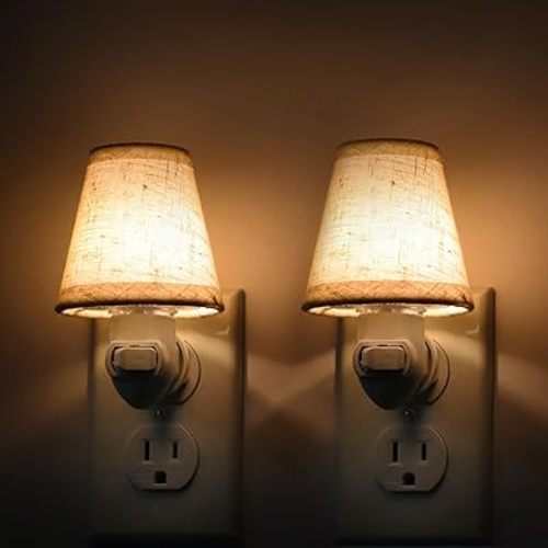 Vintage Plug in Night Light with Switch, 2-Pack 0.5W LED Night Lights Plug into Wall Socket, Soft Warm Baby Nursery Nightlight with Linen Fabric Lamp Shade for Adult Kids Room Bathroom Hallway