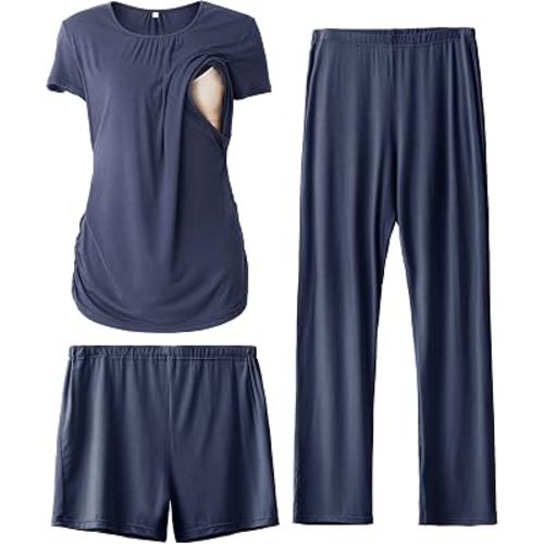 SUNNYBUY Womens Maternity Nursing Pajamas Set 3 Piece Breastfeeding PJS | Pregnancy Must Haves, Labor & Delivery Essentials, Going Home Outfit, Postpartum Lounge Set