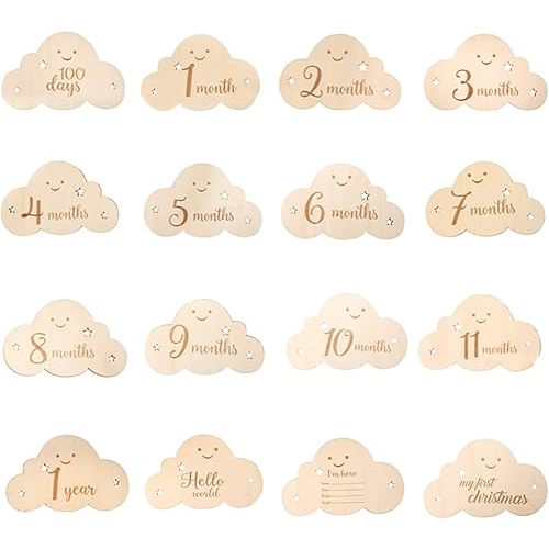 8Pcs Wooden Milestone Cloud Signs Wooden Monthly Milestone Photo Cards Baby Growth Cards Pregnancy Journey Milestone Markers for Baby Shower & Photo Props (Cloud Cards)