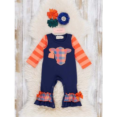 Plaid Pastures Cow Embroidered Ruffle Romper