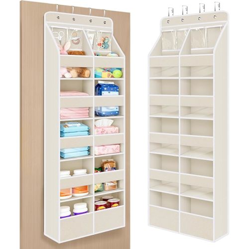 Univivi 6-Shelf Over Door Hanging Organizer Fabric Door Storage with 10 Large Pockets and 4 Small PVC Pockets Closet Cabinet Wall Mount Hanging Storage Organizers for Baby Nursery (Beige Pattern)