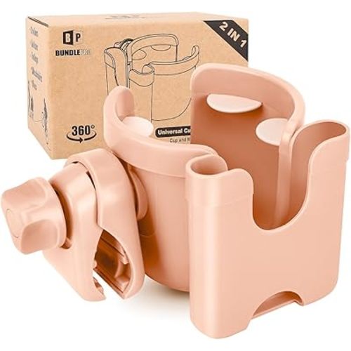 Universal Stroller Cup Holder with Mobile Phone Case, 2-in-1 Strollers Storage Rack, 360 Degrees Rotation Drink Holder for Bike, Pushchair, Wheelchair, Walker,Bicycle, Fits Most Cups (Pink)