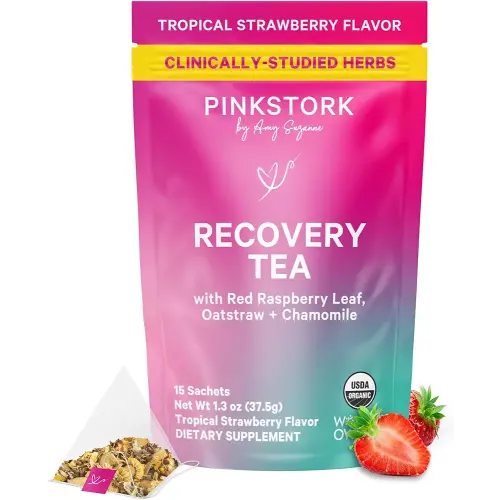 Pink Stork Postpartum Recovery® Herbal Tea, Organic Red Raspberry Leaf with Chamomile, Hormone Balance for Women After Labor & Delivery, Strawberry, Postpartum Essentials, Caffeine-Free, 15 Sachets