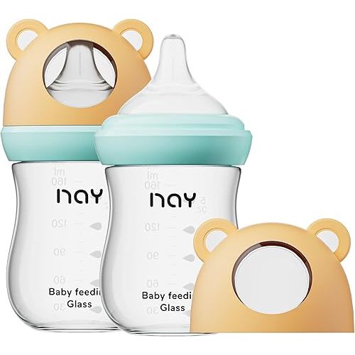 yanyoyo Natural Glass Baby Bottle for Breastfeeding Babies, 5.4oz Anti-Colic Baby Bottle with Natural Response Nipple(S), Clear, Wide Neck, 2 Pack, 1 Months+