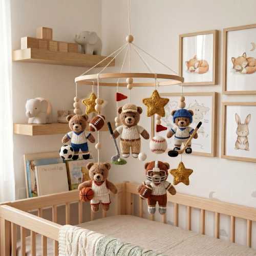 Vintage Sport Nursery Mobile With Bear And Basketball, Baseball, American Football And Bat, Bear Sport Shower Gift Idea, Baby Shower Gift
