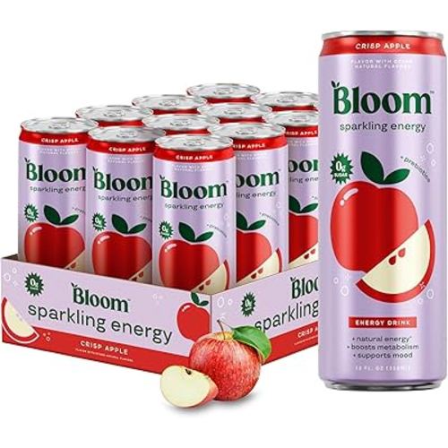 Bloom Nutrition Sparkling Energy Drink - Natural Caffeine, Zero Sugar, 180mg Caffeine - Antioxidant-Rich with Green Coffee Bean, Green Tea Extract, Prebiotics - Crisp Apple - 12oz 12 Pack
