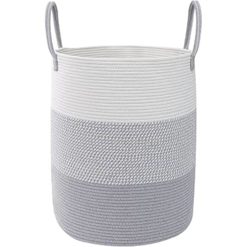 HZFTJOY 70L Woven Laundry Basket, Large Clothes Hamper with Handles- Grey | Cotton Rope Tall Nursery Hamper, Storage Basket for Blankets Toys Clothes, Blanket Basket for Living Room Bathroom Bedroom
