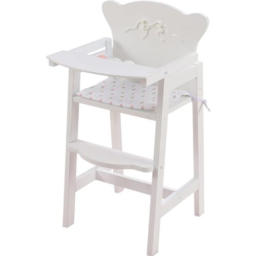 KidKraft Tiffany Bow Scalloped-Edge Wooden Lil Doll High Chair with Seat Pad - White, Gift for Ages 3+