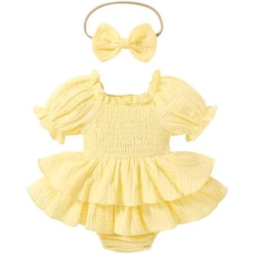 Happy Town Baby Girl Clothes Infant Summer Romper Dress Ruffle Short Sleeve Jumpsuit with Headband Cute Toddler Outfits