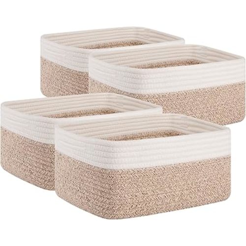 OIAHOMY 4 Pack Storage Baskets for Organizing, Small Baskets for Shelves, Cute Decorative Storage Bins, Organizer Baskets for Gifts Empty, Woven Baskets for Storage, 13''Lx8.7''Wx5.1''H, Brown/White