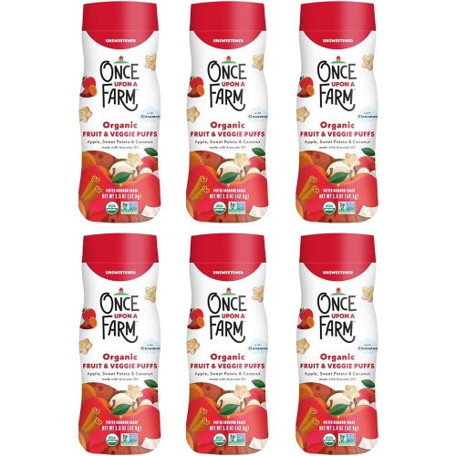Once Upon A Farm Apple, Sweet Potato & Coconut Puffed Sorghum Snack, Fruit & Veggie Puffs, Non GMO, 1.5 Ounces (Pack Of 6)