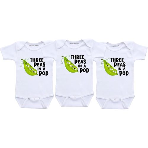 Triplet Baby Bodysuit Set – “Three Peas in a Pod” – Funny Matching Infant Outfits