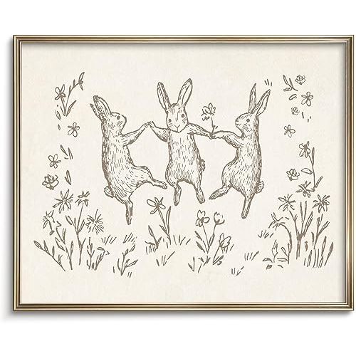 Vodefoad Bunnies Sketch Vintage Wall Art Retro Nursery Dancing Bunnies Art Print Neutral Cottagecore Nursery Decor Farmhouse Rustic Rabbit Wall Decor for Gallery Nursery Bedroom Bathroom Office - 8x10Inch Unframe