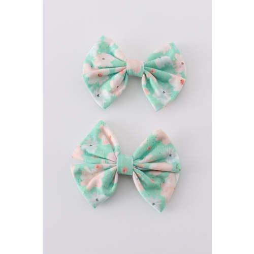 Green floral print girl piggie hair bow