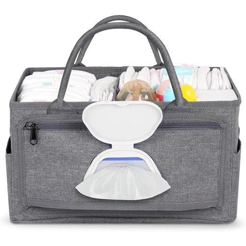 Diaper Caddy with Wipe Dispenser One-Handed Access, Premium Diaper Organizer, Portable Car Organizer Nursery Basket for Newborn Essentials, Baby Registry Must Haves for Boys & Girls,Grey