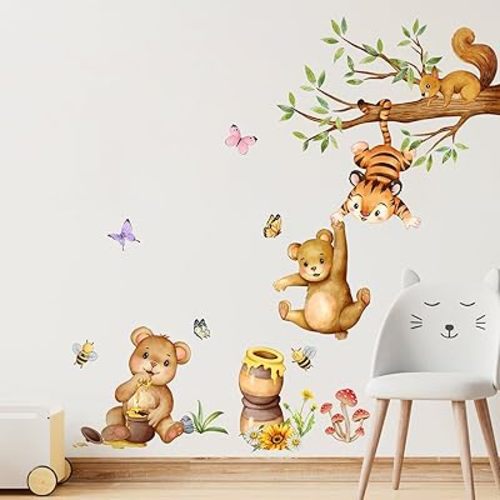 Supzone Woodland Bear Wall Stickers - Cute Animal Tree Branch Wall Decals, Tiger Bear Squirrel Swinging for Honey Wall Decor for Kids Baby Nursery Playroom Living Room Bedroom