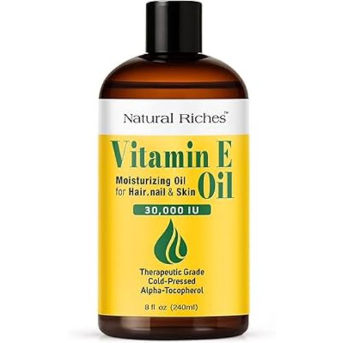 Natural Riches Vitamin E Oil | 100% Pure and Natural Cold Pressed Vitamin E oil for Skin, Scars, Face, Nails, Hair, Scalp 30,000 IU Non-GMO Verified Hair & Body Oil :8 Fl Oz
