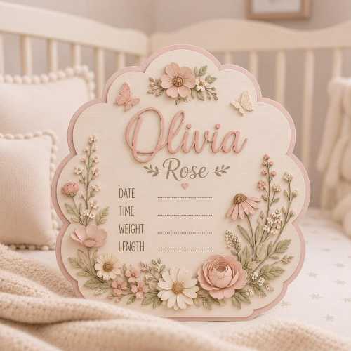 Custom Baby Stats Sign, Personalized Wooden Birth Announcement, Floral Nursery Wall Decor, Elegant Name Sign, Newborn Baby Girl Gift