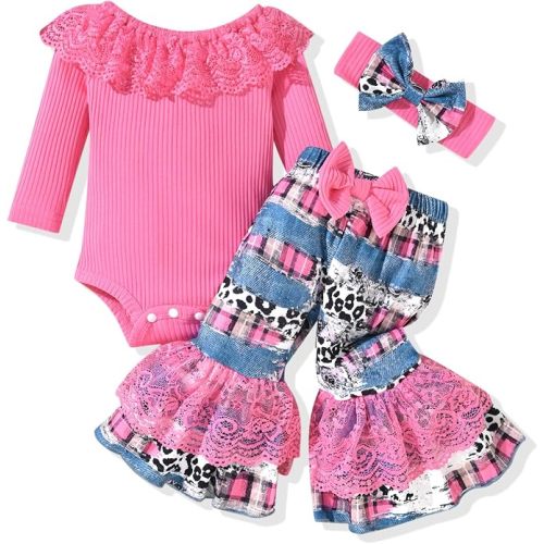 HINTINA Newborn Baby Girl Short Sleeve Bodysuit Flared Pants Ribbed Outfits