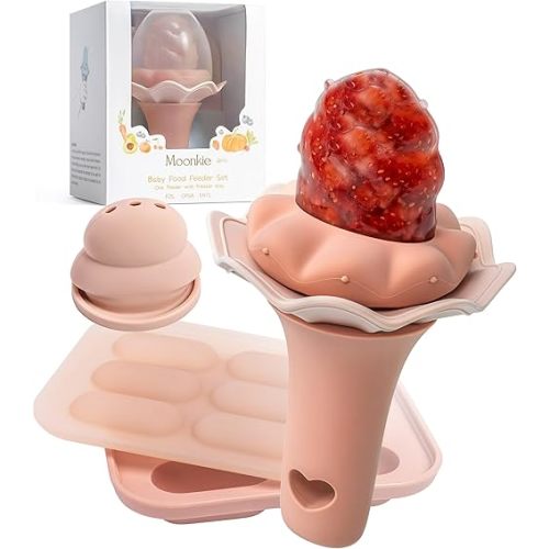 Moonkie Baby Fruit Feeder for Self-Feeding: Controlled Flow Design with 2 Pouches for Safe First Foods - BPA Free Silicone Food Feeder with Freezer Tray for Cooling Comfort - 4 Months+ - 1 Pack