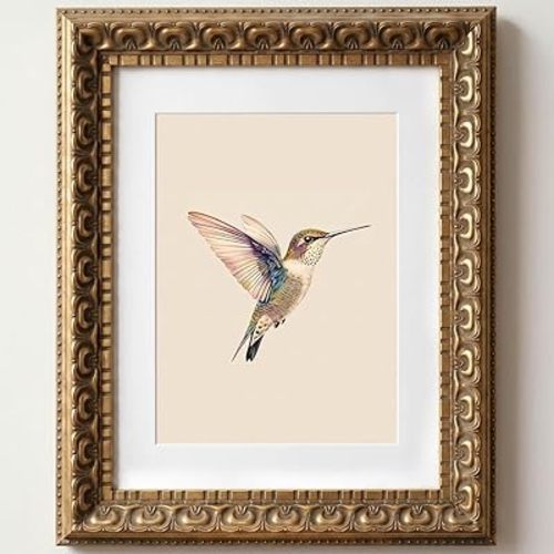 Wemandh Vintage Gold Framed Wall Art, Hummingbird Canvas Prints , Living Room Bedroom Wall Art Decor, Ornate Antique Style Picture Frame, Victorian Botanical Bird Illustration painting (Framed, 8" x 10")