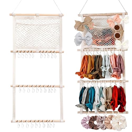 Headband Holder Hair Bows Organizer for Baby Girls Large Capacity Bow Holder Hair Accessories Wall Hanging Organizer for Toddler Baby Girl Nursery Room Decor (Beige)