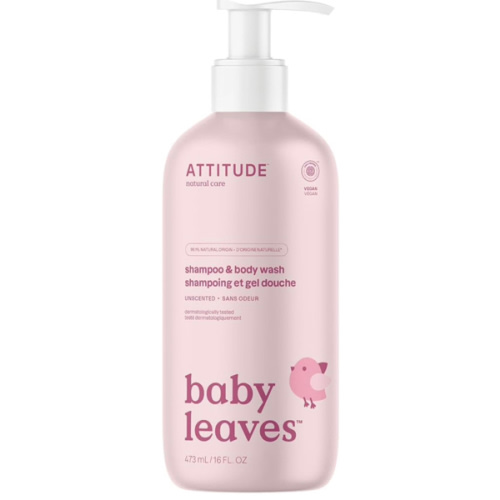 ATTITUDE 2-in-1 Shampoo and Body Wash for Baby, Fragrance-Free EWG Hypoallergenic Plant- and Mineral-Based Ingredients, Vegan and Cruelty-Free, Unscented, 16 Fl Oz