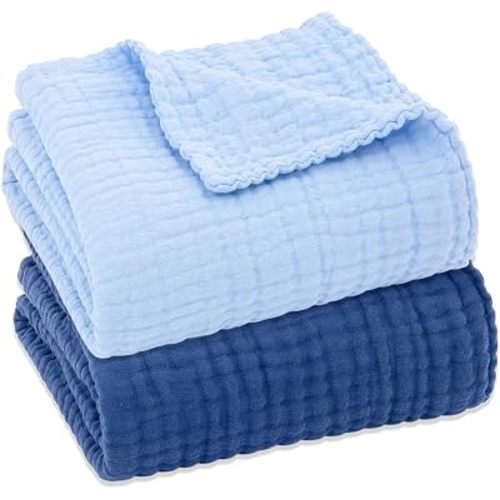 Aablexema Muslin Baby Blanket Set of 2, Light Blue & Navy | 6-Layer, 43 x 43 Inches, Newborn Toddler, Bath Towel Swaddle Wrap, For Boys Girls