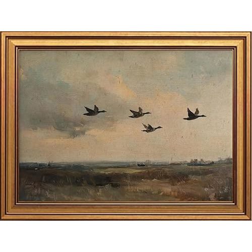 RAHUAO Vintage Flying Duck Wall Art Rustic Countryside Landscape Painting Artwork Vintage Mallard Duck Wall Decor Picture Wildlife Print for Living Room Bedroom Office Rustic Decoration 8x10in Poster